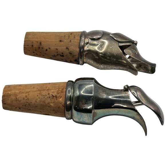 Set of 2 Silver Wine Aerator Stopper Cork Ewer & Pig/Hog Head Design Vintage - Picture 2 of 5